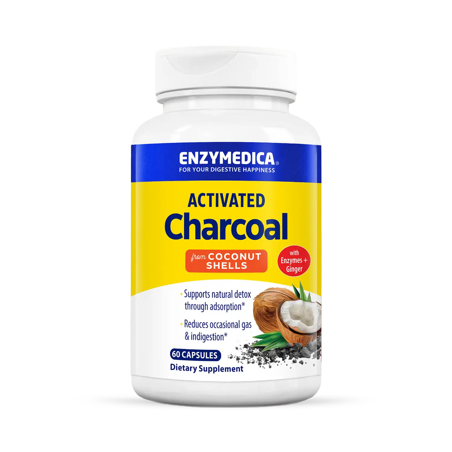 A bottle of Enzymedica Activated Charcoal dietary supplement, with an illustration of a coconut on the label, indicating it is made from coconut shells.