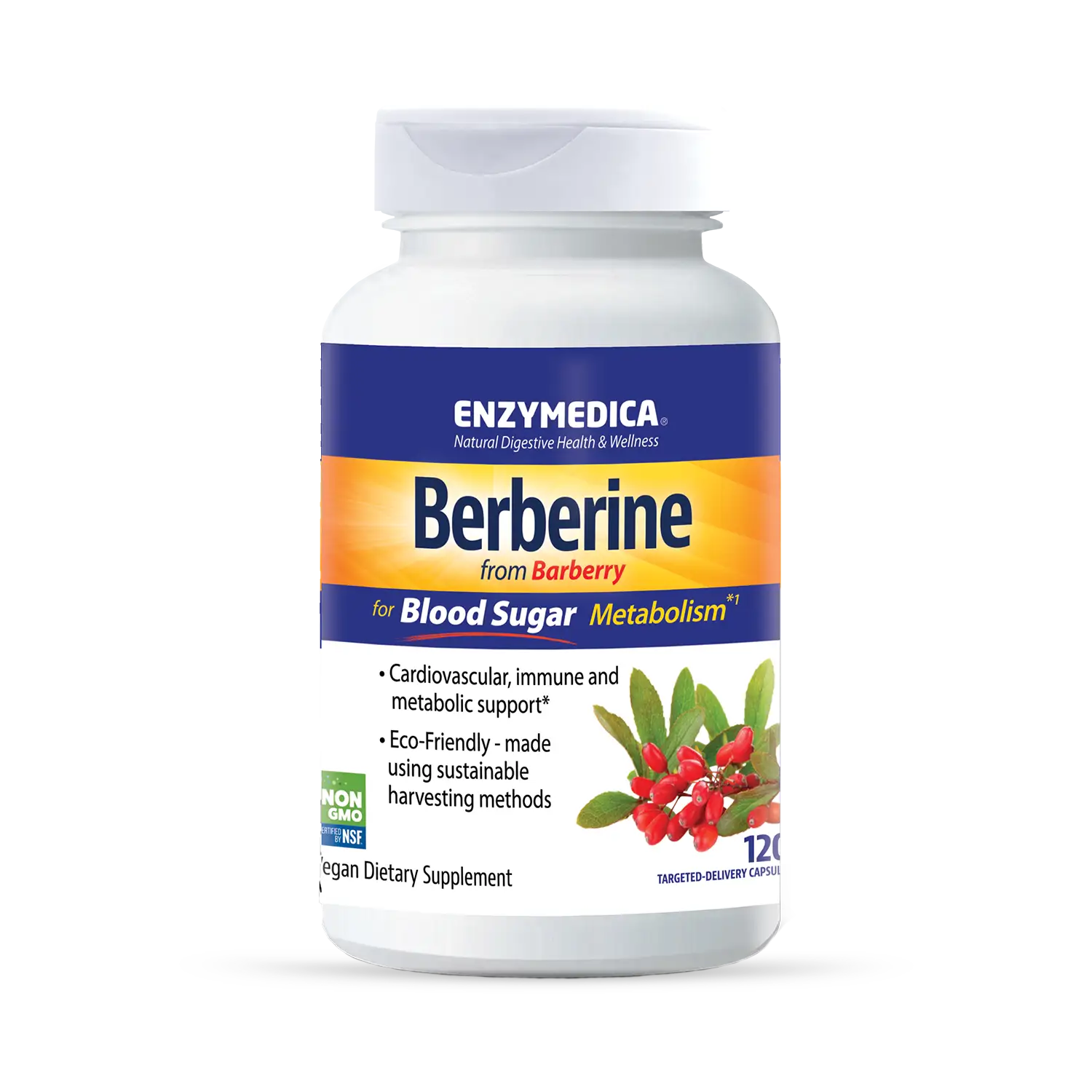 A bottle of Enzymedica Berberine dietary supplement, with branding and information about the product displayed on the label.