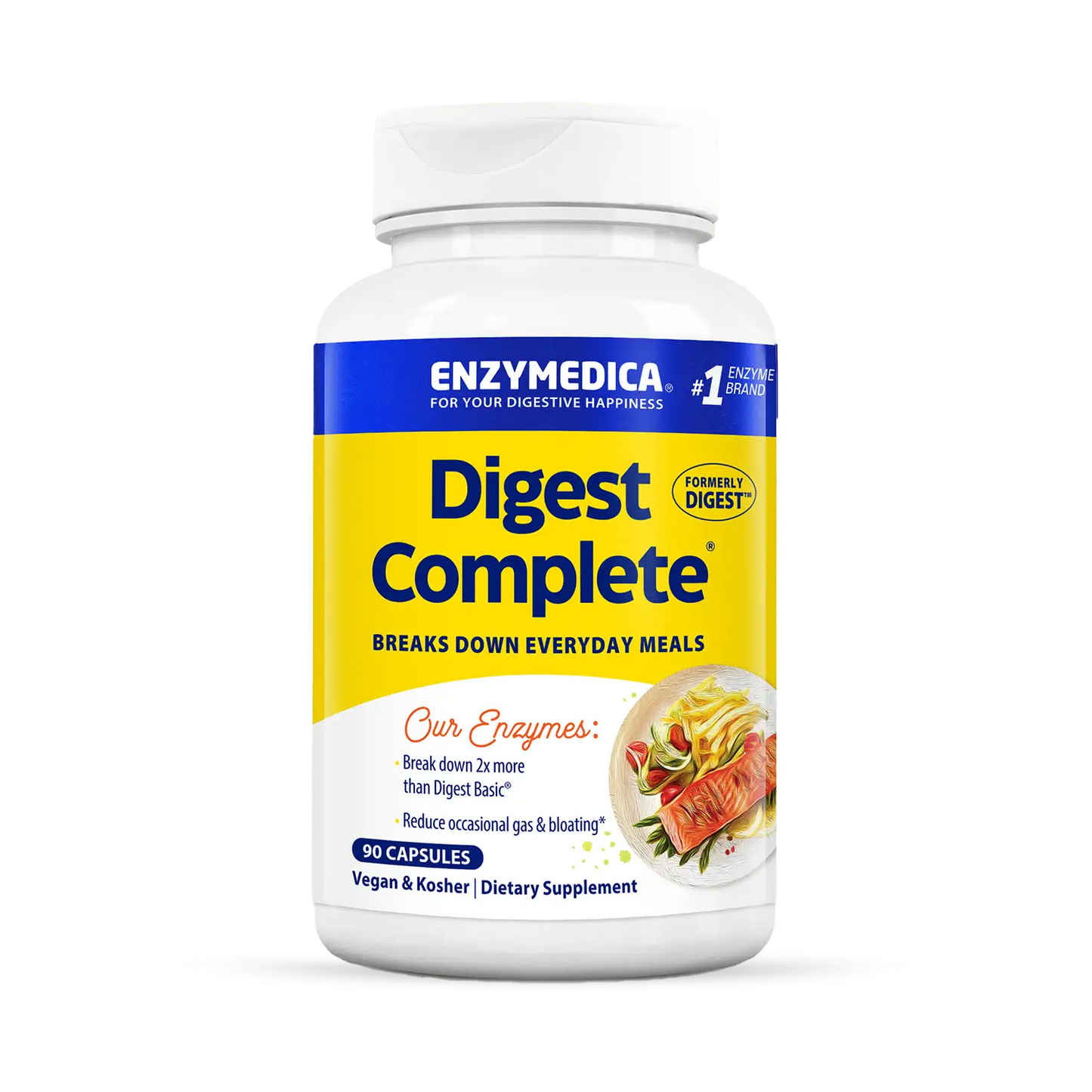 A bottle of Enzymedica Digest Complete dietary supplement capsules.