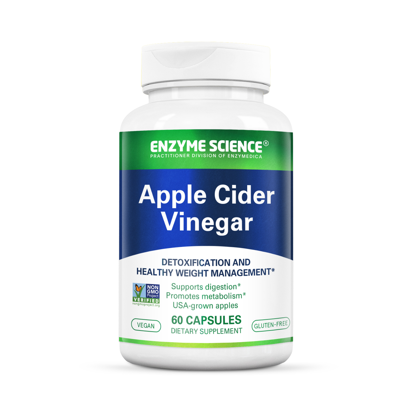 A bottle of Enzyme Science Apple Cider Vinegar dietary supplement with 60 capsules. The label includes the brand name, product name, and benefits such as detoxification and healthy weight management.