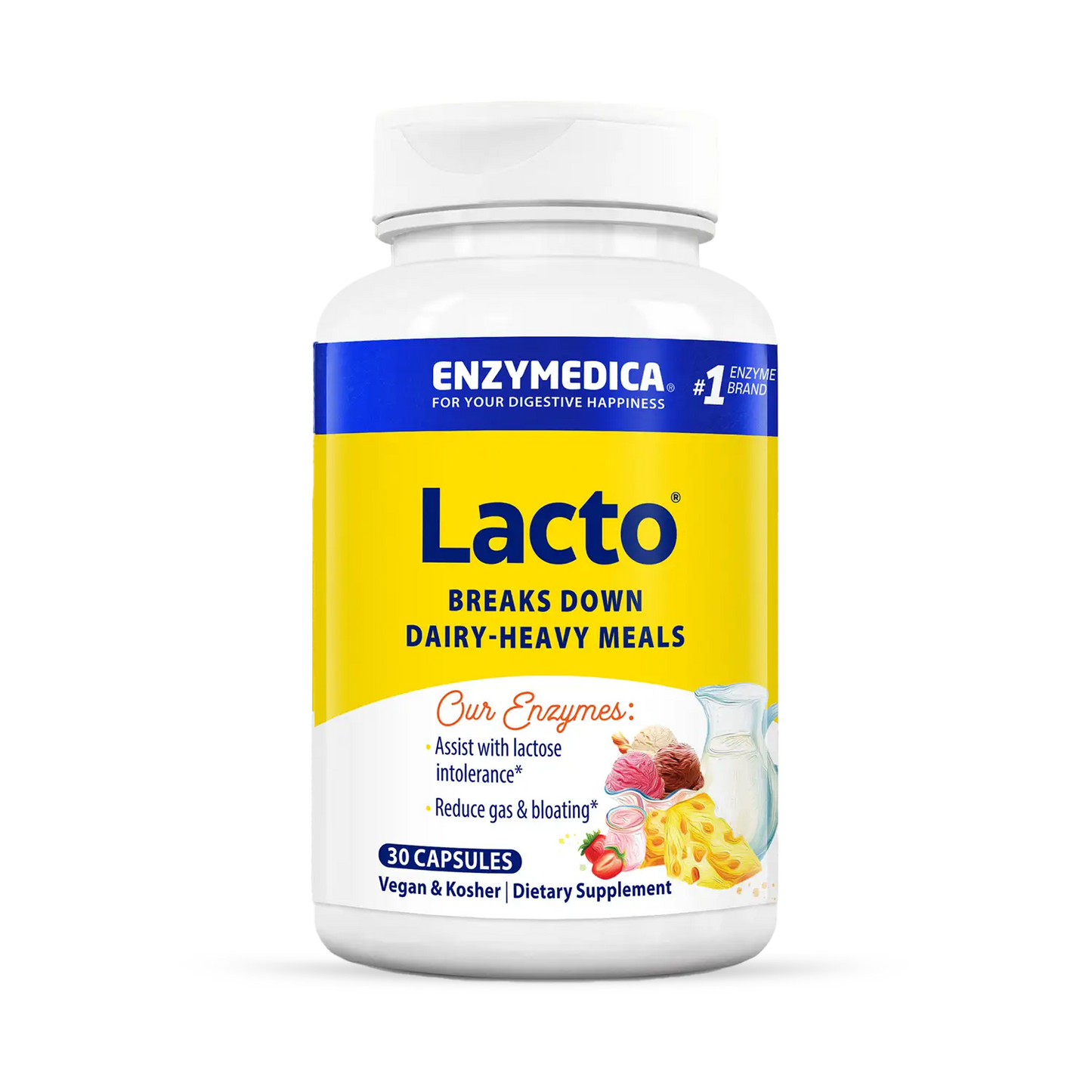 A bottle of Enzymedica Lacto dietary supplement, which is designed to aid in the digestion of dairy products.
