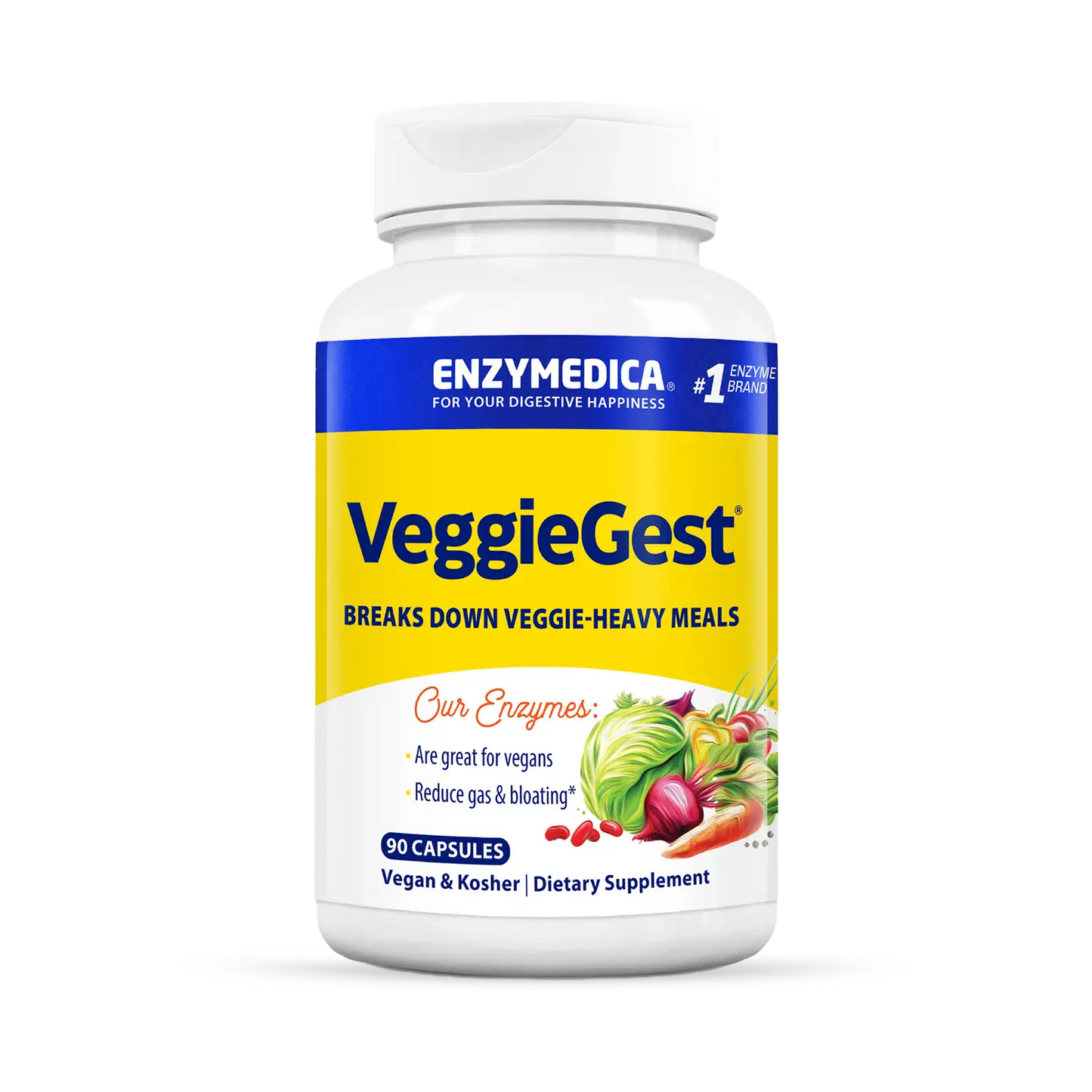 A bottle of VeggieGest dietary supplement by Enzymedica, with a label showing various fruits and vegetables indicating its use for breaking down vegetable-heavy meals.