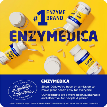 Enzymedica brand graphic with multiple supplement bottles and capsules, featuring #1 enzyme brand message and company mission statement.