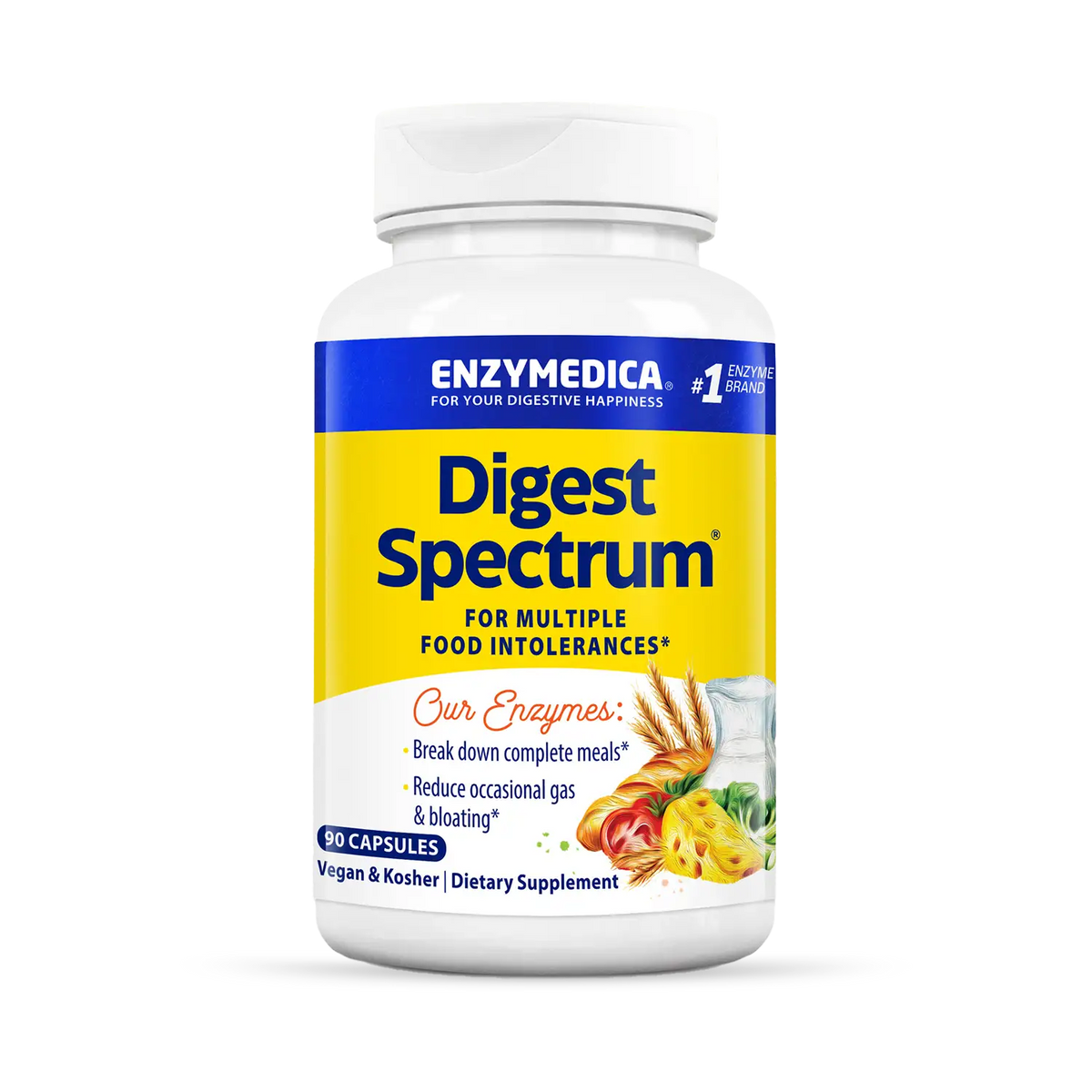 A bottle of Enzymedica Digest Spectrum dietary supplement, which is designed for multiple food intolerances.