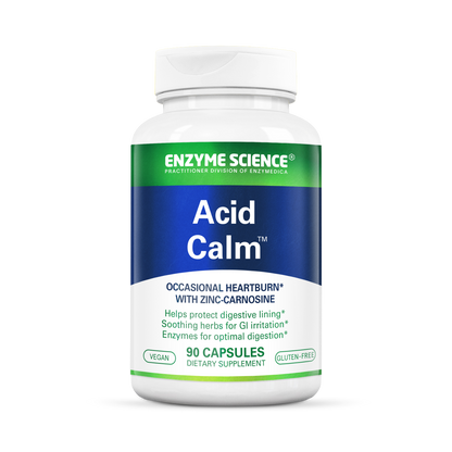 A bottle of 'Acid Calm' dietary supplement by Enzyme Science, with 90 capsules inside, designed for occasional heartburn and digestive comfort.