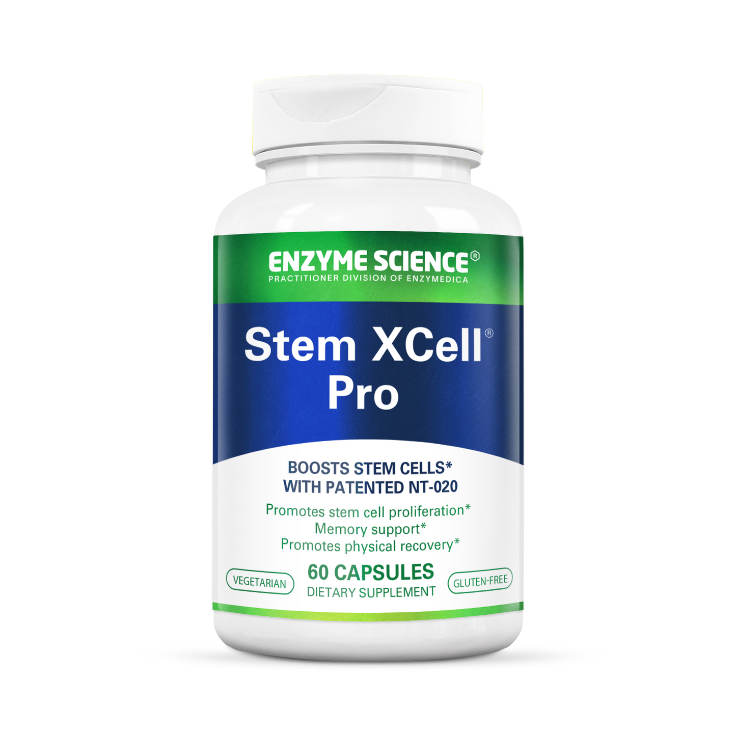 A bottle of Stem XCell Pro dietary supplement by Enzyme Science, with 60 capsules inside, designed to boost stem cells and support various functions.