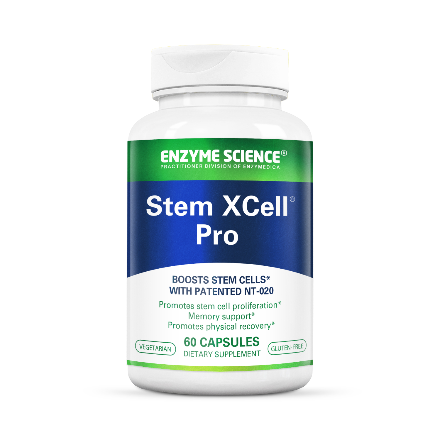 A bottle of Stem XCell Pro dietary supplement by Enzyme Science, with 60 capsules inside, designed to boost stem cells and support various functions.
