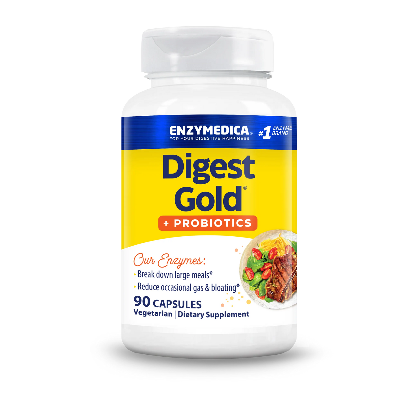 Front bottle shot of Enzymedica Digest Gold + Probiotics, 90 capsules, vegetarian dietary supplement.