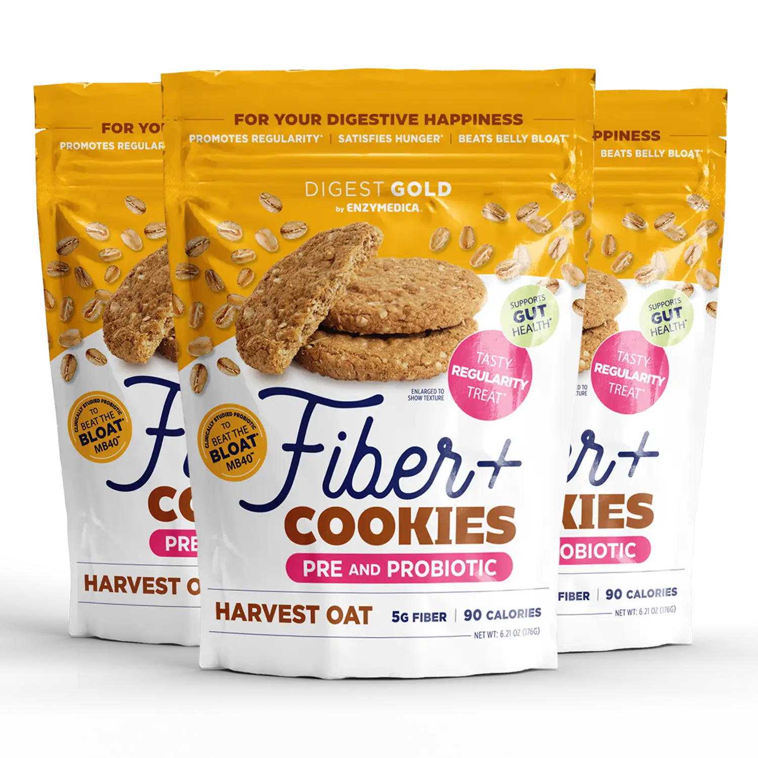 A package of Digest Gold Fiber+ Cookies - Harvest Oat flavor. The packaging is predominantly yellow and white, with images of the oat cookies and seeds.