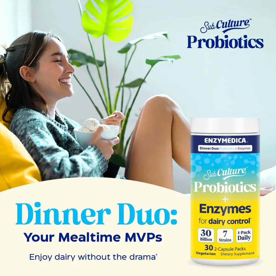 Woman eating ice cream with a bottle of Sub Culture Probiotics and Enzymedica supplement in a casual setting.