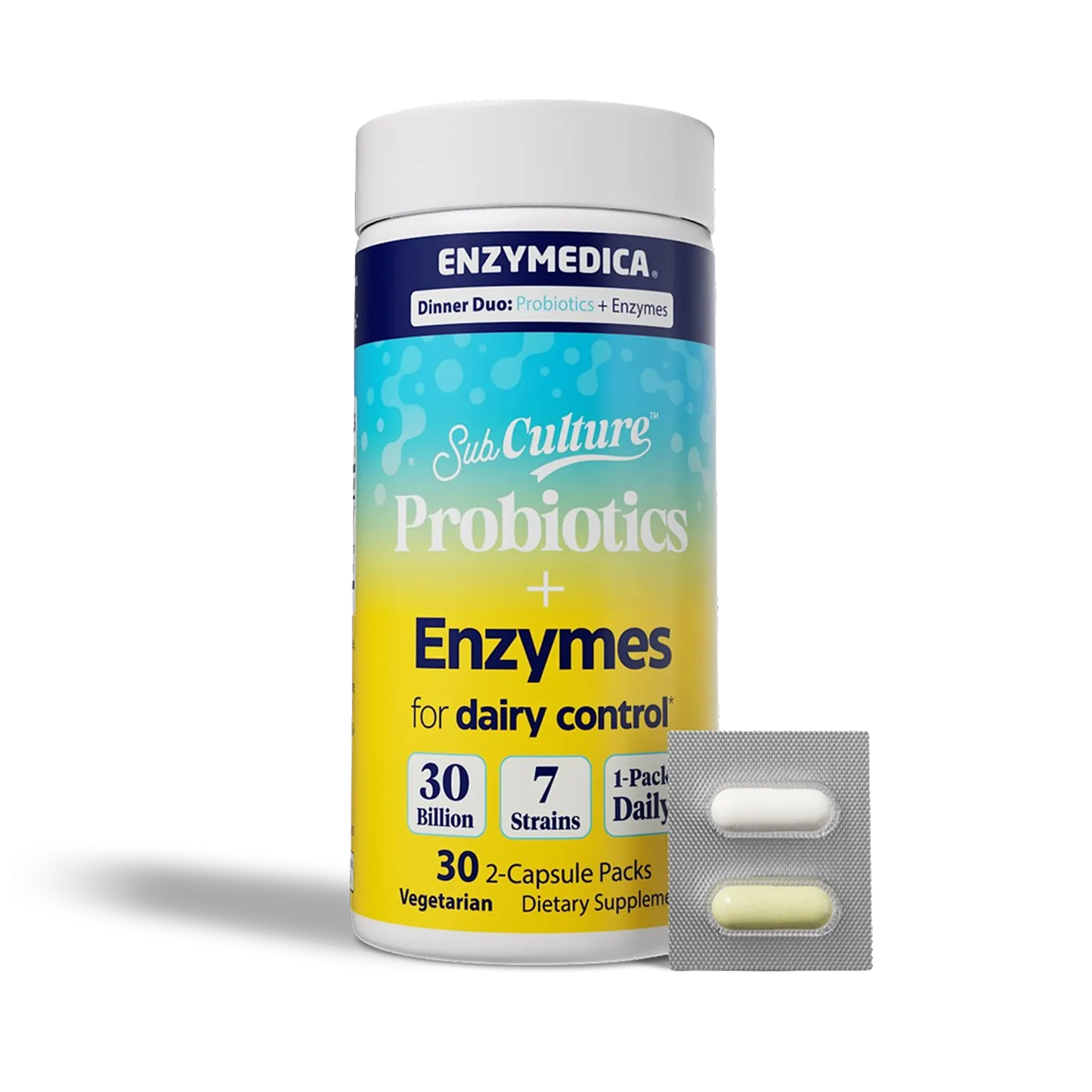 Enzymedica SubCulture probiotics and enzymes for dairy control supplement container with a white background