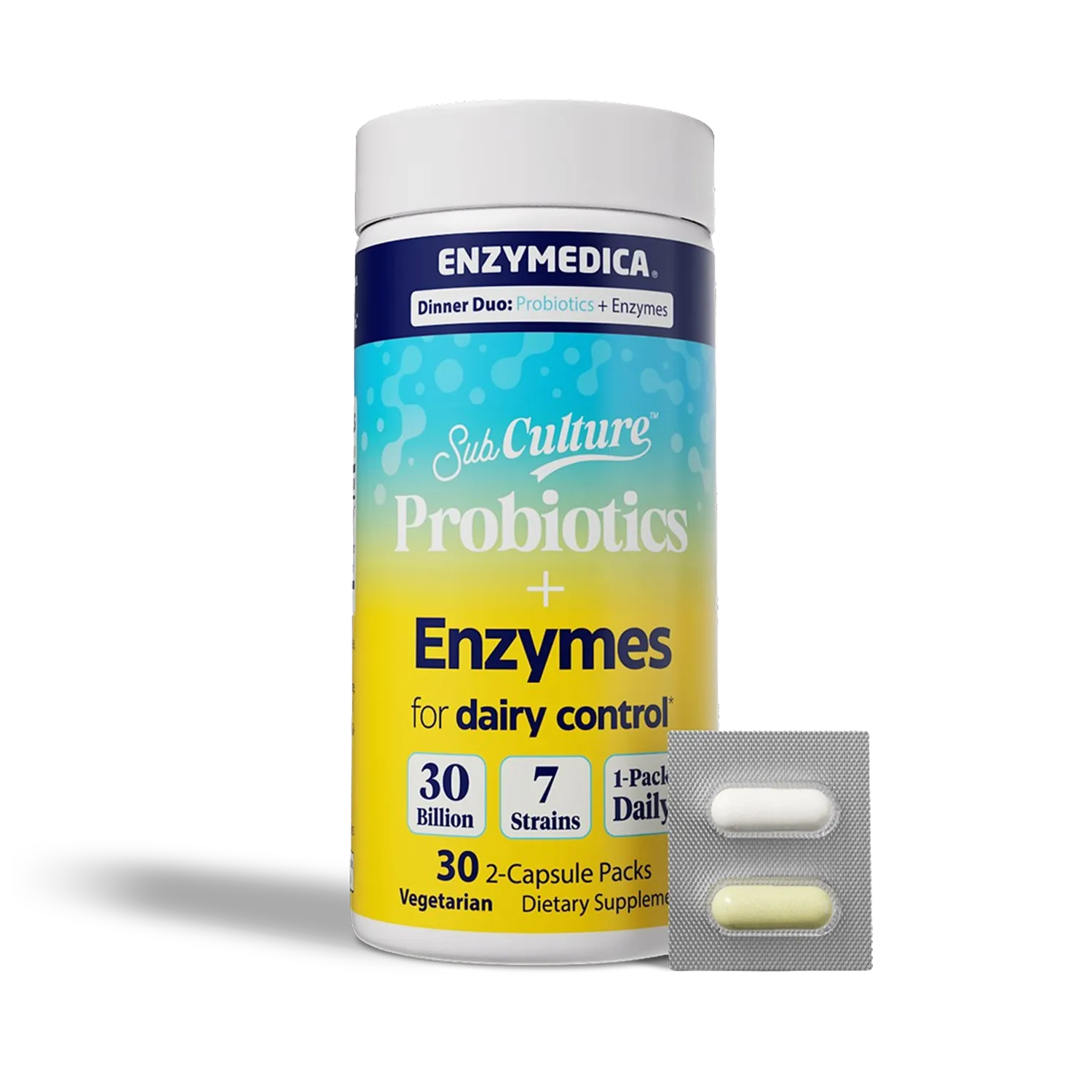 Enzymedica SubCulture probiotics and enzymes for dairy control supplement container with a white background