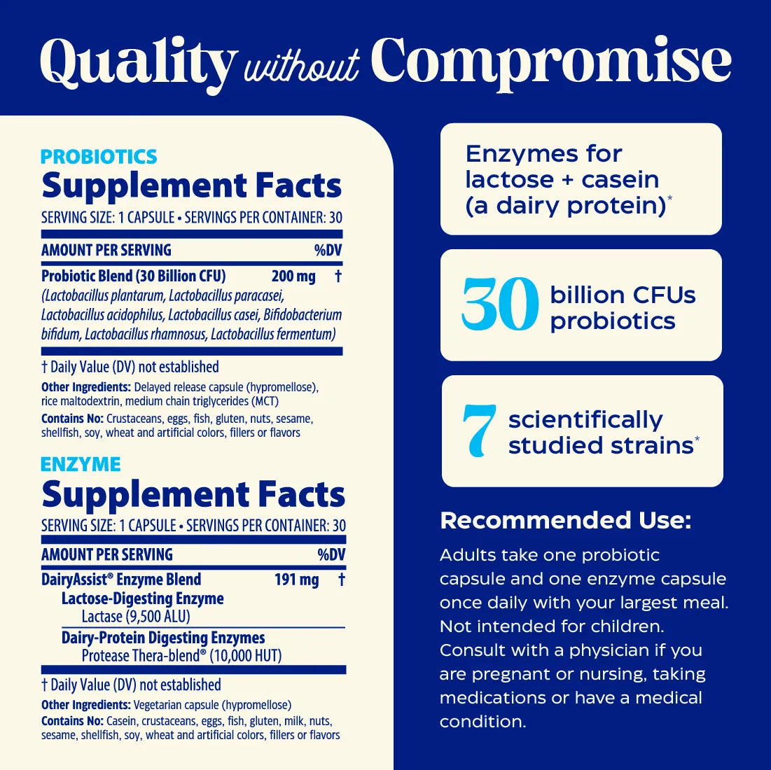 Supplement facts label for a probiotic and enzyme supplement with blue background and white text.