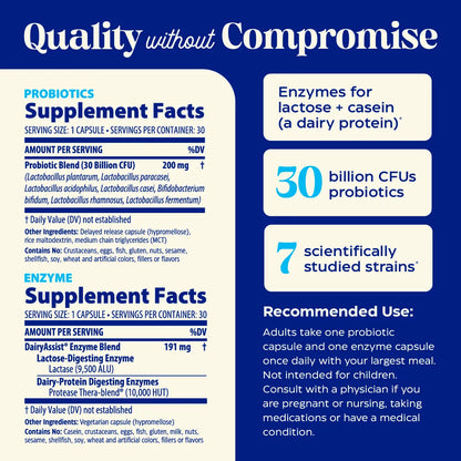 Supplement facts label for a probiotic and enzyme supplement with blue background and white text.