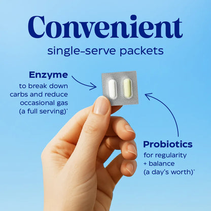 Hand holding two single-serve packets with text explaining their benefits on a blue background