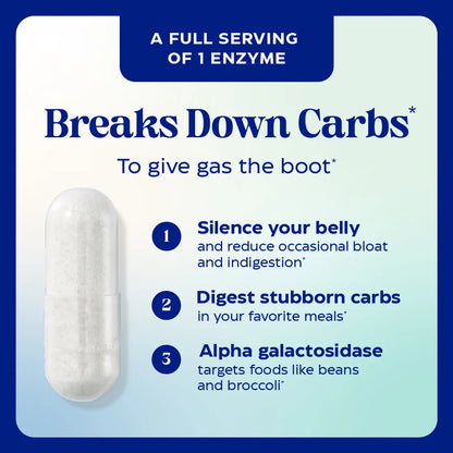 Enzyme supplement capsule with text on a blue and white background