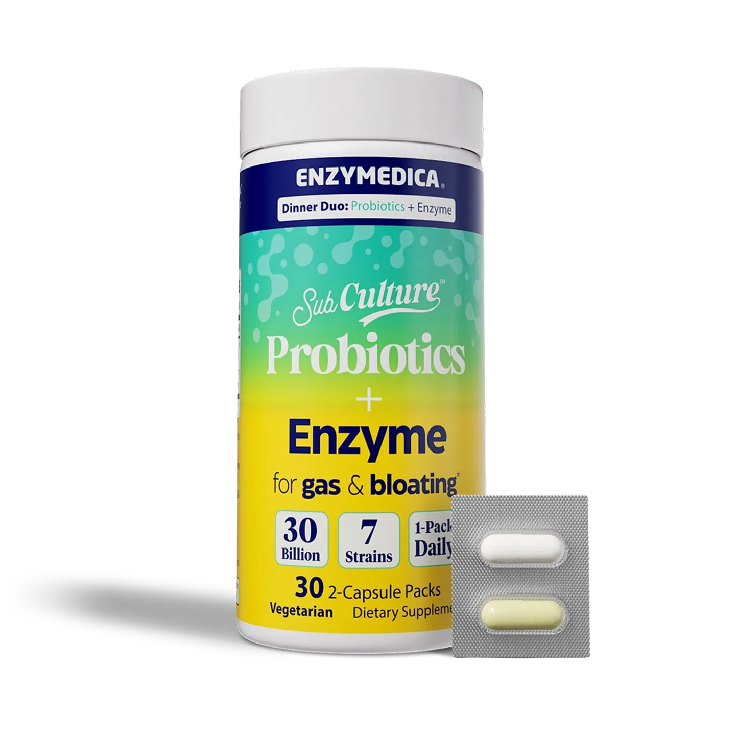 Enzymedica SubCulture probiotics and enzymes for gas & bloating packaging on a white background