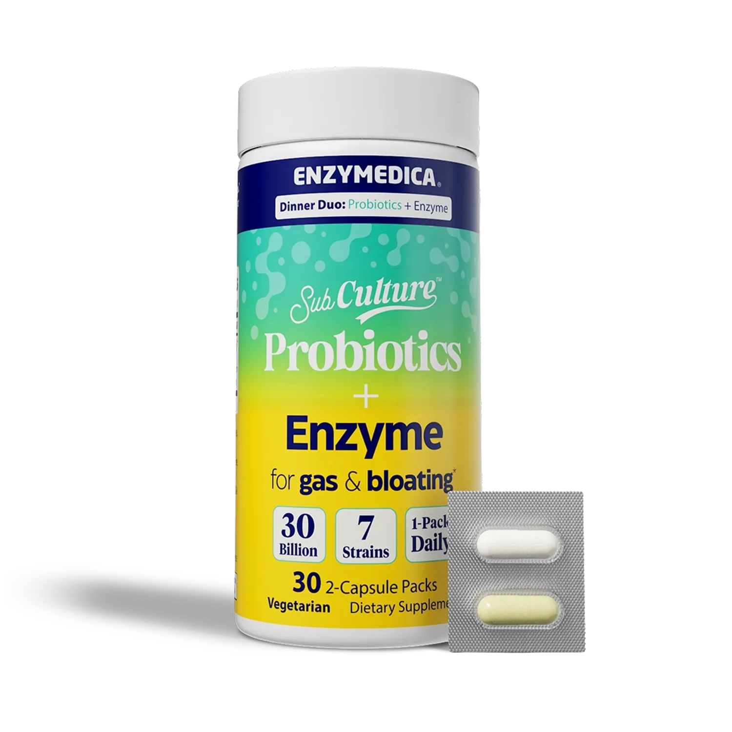 Enzymedica SubCulture probiotics and enzymes for gas & bloating packaging on a white background