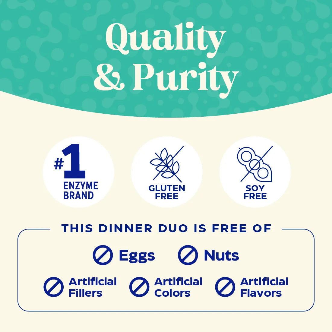 Product label emphasizing quality, purity, and allergen-free attributes with icons and text on a teal and beige background.