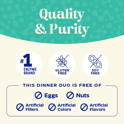 Product label emphasizing quality, purity, and allergen-free attributes with icons and text on a teal and beige background.