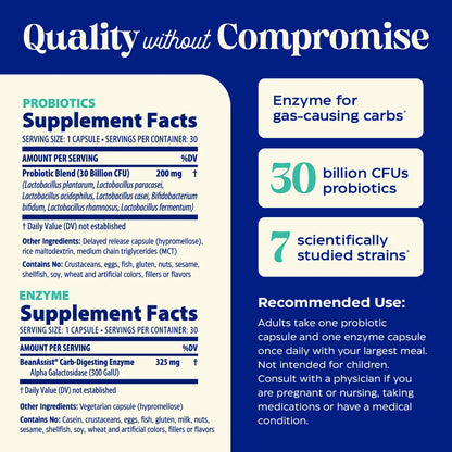 Supplement facts and details about a probiotic and enzyme supplement on a blue background.