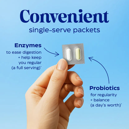 Hand holding a packet of two single-serve digestive enzymes and probiotics with text on a blue background.