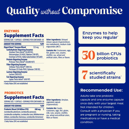 Supplement facts and product details for enzymes and probiotics with 'Quality without Compromise' branding.